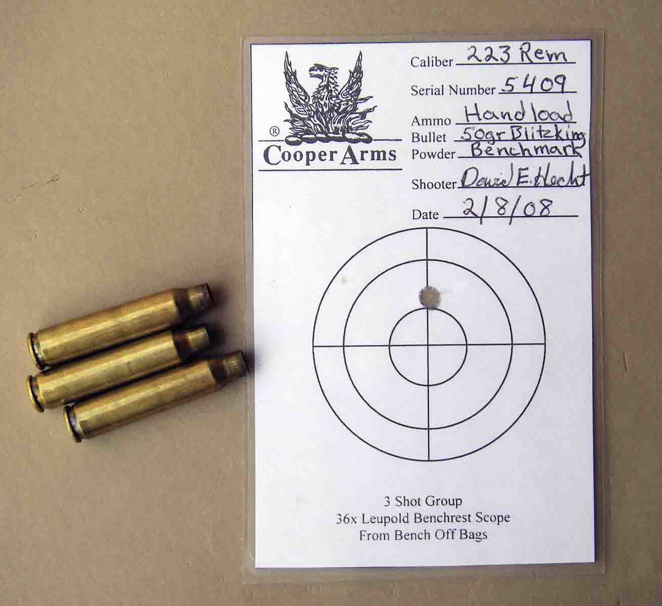 This three-shot group fired from a Cooper Arms Model 21 .223 Remington illustrates the accuracy potential of varmint-caliber handloads.